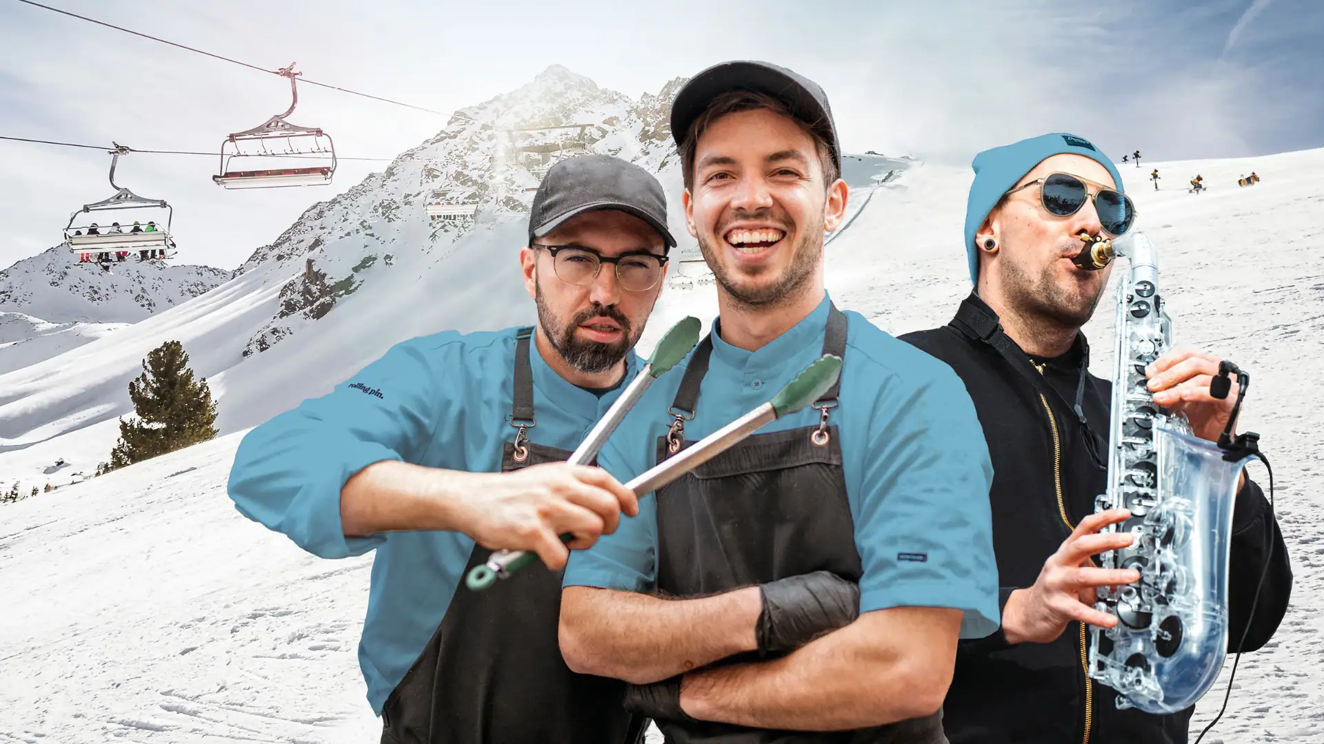 Alpine Musikfestival in den Bergen mit Musikern und Skifahrern.